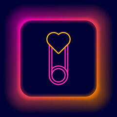 Glowing neon line Baby clothes pin icon isolated on black background. Classic closed steel safety pin. Colorful outline concept. Vector