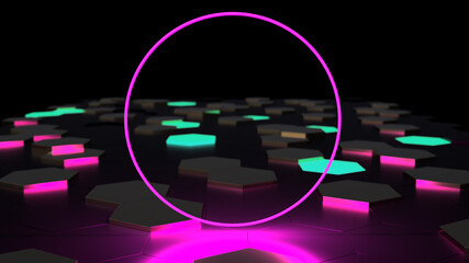 3D futuristic abstract mosaic background, neon hexagons, neon pink circle in the center, illustration