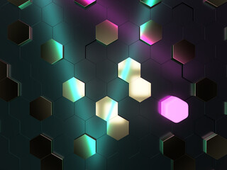 3D futuristic abstract mosaic background, neon lights, illustration