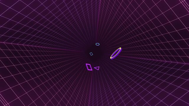 Abstract 3d geometric shapes loop animation. synthwave style background, seamless motion design, screensaver, backdrop. 4k animatedfootage. rotating and flying objects, neon grid
