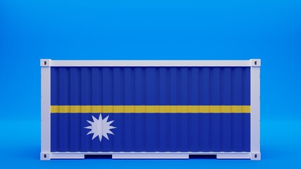 Side View Shipping Container on Blue Background with the National Flag of Nauru