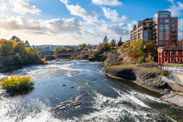 The Spokane River as it travels through the downtown area in Spokane, Washington, USA.