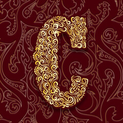 Golden Decorative Filigree Scroll-work  Alphabet Capital Letter C On Burgundy and Gold Leaf Background