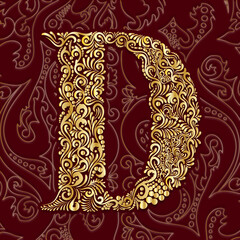 Golden Decorative Filigree Scroll-work  Alphabet Capital Letter D On Burgundy and Gold Leaf Background