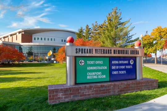 General View Of The Sign And Facade Of The Spokane Veterans Memorial Arena With Fall Colors At Autumn On October 18, 2021, In Spokane, Washington, USA.