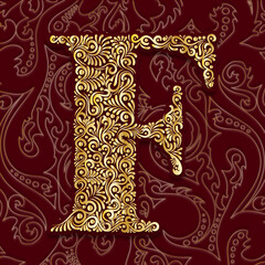 Golden Decorative Filigree Scroll-work  Alphabet Capital Letter F On Burgundy and Gold Leaf Background