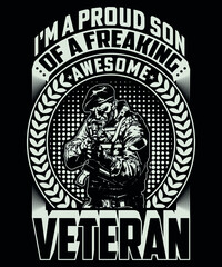 Fully editable vector illustration (Editable AI) and EPS outline Proud Son Freaking Awesome Veteran T-shirt an image suitable for t-shirt graphic, poster or print design, package contains 4500x5400px