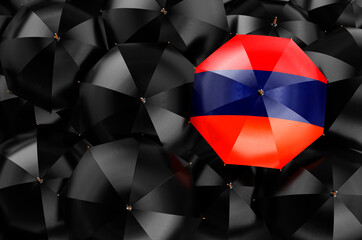 Umbrella with Armenian flag among black umbrellas, 3D rendering