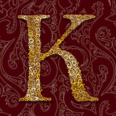 Golden Decorative Filigree Scroll-work  Alphabet Capital Letter K On Burgundy and Gold Leaf Background