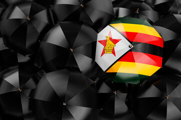 Umbrella with Zimbabwean flag among black umbrellas, 3D rendering
