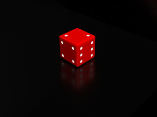 A red dice lies on a black background. 3d rendering