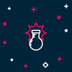 Line Chemical experiment, explosion in the flask icon isolated on blue background. Chemical explosion in a test tube. Colorful outline concept. Vector