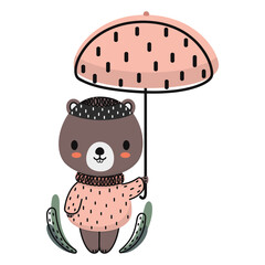 Cute isolated childish illustration. Cartoon cute beaver under a pink umbrella on a white background. For a poster in a nursery, a baby shower, a print on clothes. Vector.