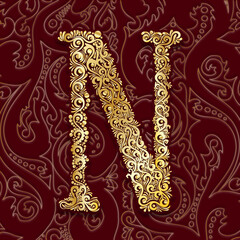 Golden Decorative Filigree Scroll-work  Alphabet Capital Letter N On Burgundy and Gold Leaf Background