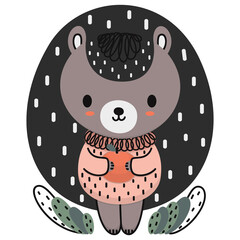 Cute cartoon hedgehog in a pink sweater holding an apple on a white background. Isolated forest dweller for kids design. Vector.