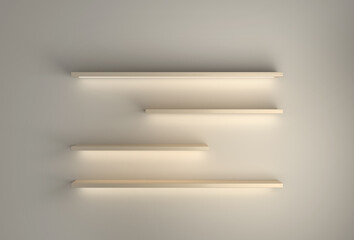 3d rendering of 4 minimalist shelves on white wall with led lights