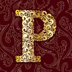 Golden Decorative Filigree Scroll-work  Alphabet Capital Letter P On Burgundy and Gold Leaf Background