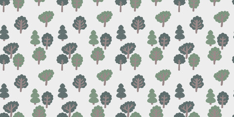 Cute textile children seamless forest pattern of green trees and firs in the Scandinavian style on a white background. Cute texture for baby room, nursery, diapers. Vector woodland.