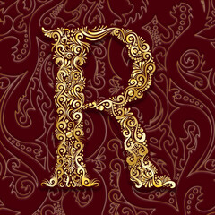 Golden Decorative Filigree Scroll-work  Alphabet Capital Letter R On Burgundy and Gold Leaf Background