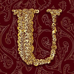 Golden Decorative Filigree Scroll-work  Alphabet Capital Letter U On Burgundy and Gold Leaf Background