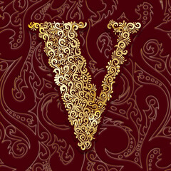 Golden Decorative Filigree Scroll-work  Alphabet Capital Letter V On Burgundy and Gold Leaf Background