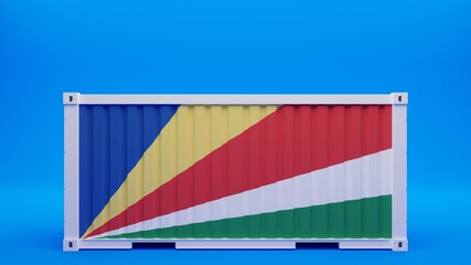 Side View Shipping Container on Blue Background with the National Flag of Seychelles