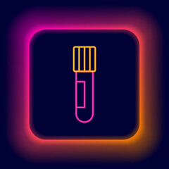 Glowing neon line Test tube and flask chemical laboratory test icon isolated on black background. Laboratory glassware sign. Colorful outline concept. Vector
