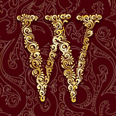 Golden Decorative Filigree Scroll-work  Alphabet Capital Letter W On Burgundy and Gold Leaf Background