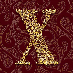 Golden Decorative Filigree Scroll-work  Alphabet Capital Letter X On Burgundy and Gold Leaf Background
