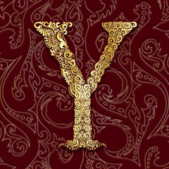 Golden Decorative Filigree Scroll-work  Alphabet Capital Letter Y On Burgundy and Gold Leaf Background