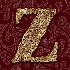 Golden Decorative Filigree Scroll-work  Alphabet Capital Letter Z On Burgundy and Gold Leaf Background