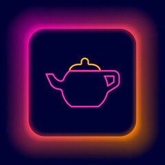 Glowing neon line Traditional Chinese tea ceremony icon isolated on black background. Teapot with cup. Colorful outline concept. Vector