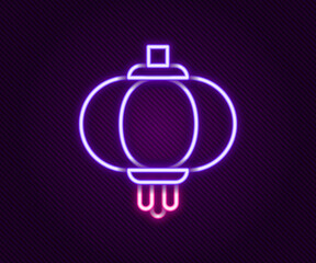 Glowing neon line Chinese paper lantern icon isolated on black background. Colorful outline concept. Vector