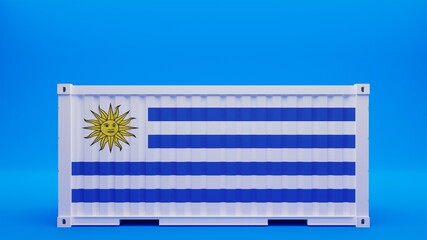 Side View Shipping Container on Blue Background with the National Flag of Uruguay