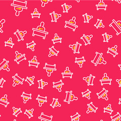 Line Schoolboy sitting at desk icon isolated seamless pattern on red background. Vector