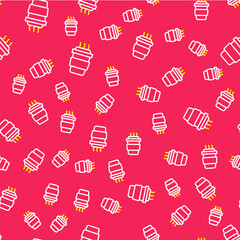 Line Coffee cup to go icon isolated seamless pattern on red background. Vector