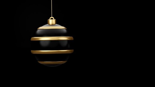 Golden Christmas ball toy turning round and back. 3d render video merry christmas animation with golden bauble isolated on royal black background copy space. New Year seamless loop motion