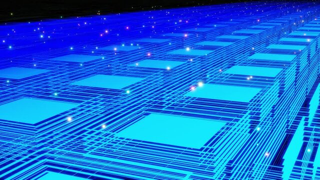 Vj abstract sci fi futuristic bg. Fly over 3d multilayer hologram complex pattern. Neon light or glow blue color gradient. Isometric view. Simple shapes periodic pattern. Like on conveyor belt