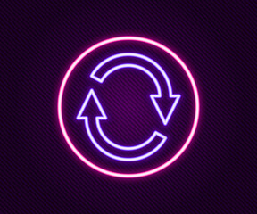 Glowing neon line Recycle symbol icon isolated on black background. Circular arrow icon. Environment recyclable go green. Colorful outline concept. Vector