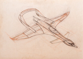 Concept of a fantasy aircraft vehicle, pencil on paper