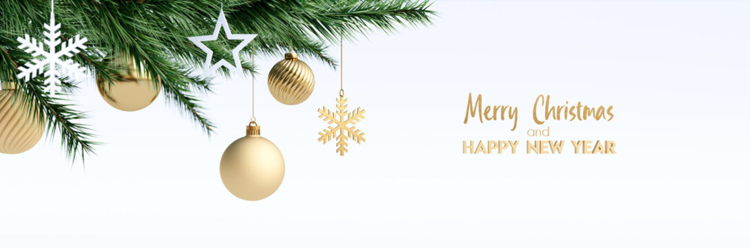 Christmas greeting card with golden holiday decorations on white background 3d render 3d illustration