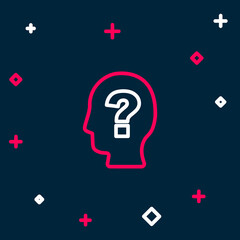 Line Human head with question mark icon isolated on blue background. Colorful outline concept. Vector