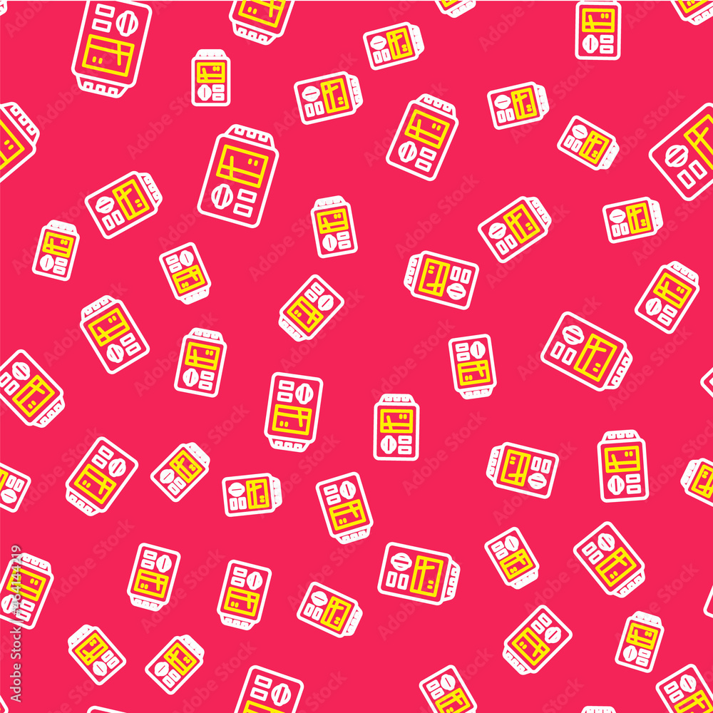 Poster line dosimeter for measuring radiation icon isolated seamless pattern on red background. gamma radia