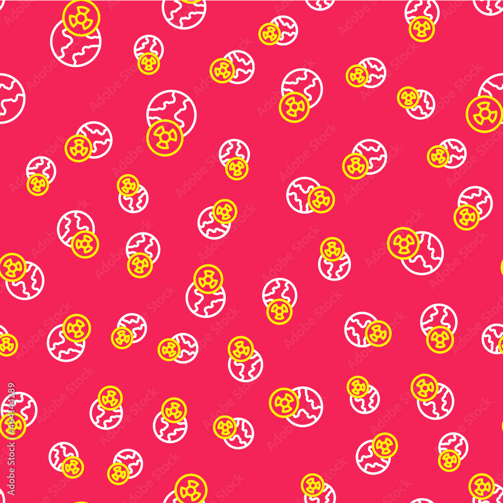 Poster line planet earth and radiation symbol icon isolated seamless pattern on red background. environment