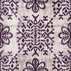 Seamless grungy tribal ethnic rug motif pattern. High quality illustration. Distressed old looking native style design in faded purple and cream colors. Old artisan textile seamless pattern.