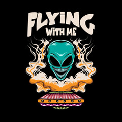 illustration of alien head and ufo with smoke for t-shirt design and print