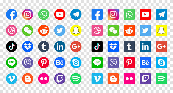 Social media icons. Facebook, Instagram, Twitter, Youtube, Pinterest, Behance, Vimeo, Google, Skype, Viber, TikTok, Whatsapp, Linkedin, Telegram, WeChat, Dribble, Reddit, Blogger. Editorial vector