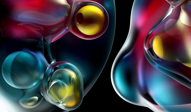 3d render of abstract art meta balls spheres or bubbles in matte metallic material in red blue and yellow color with transparent liquid glass plastic substance around on black background