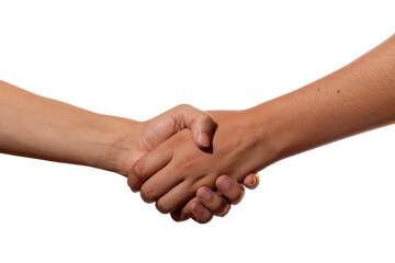 Latin handshake isolated on white background. Hand of man and woman.