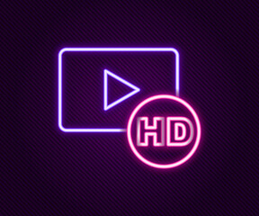 Glowing neon line Hd movie, tape, frame icon isolated on black background. Colorful outline concept. Vector